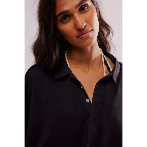 Free People Olivia Sweatshirt Top Collared Oversized Black Pullover S NWT 274440 - Picture 4 of 9